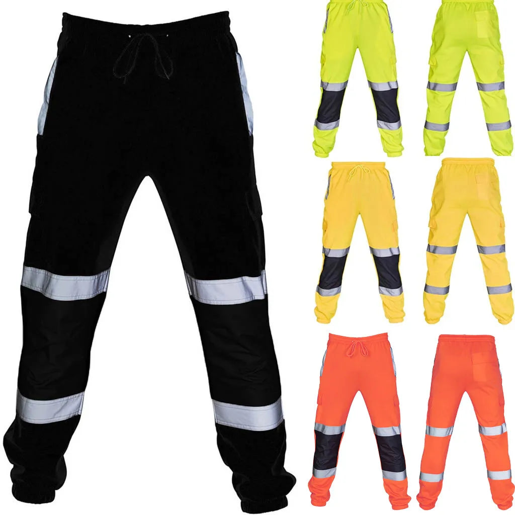 Men’s high-vis work joggers with drawstring waist, reflective strips, and cargo pockets in black, yellow, and orange.