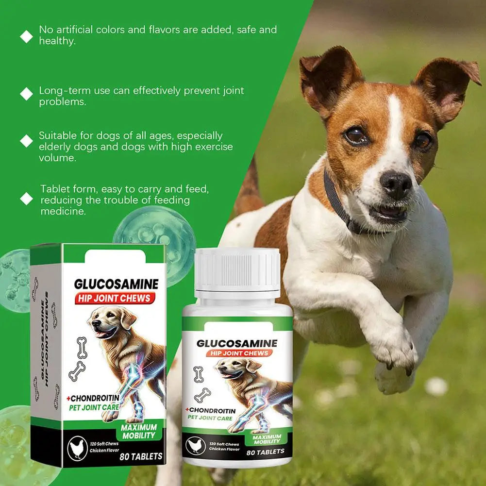 Glucosamine and chondroitin hip and joint chews for dogs in a white bottle, featuring chicken flavor and 80 tablets.