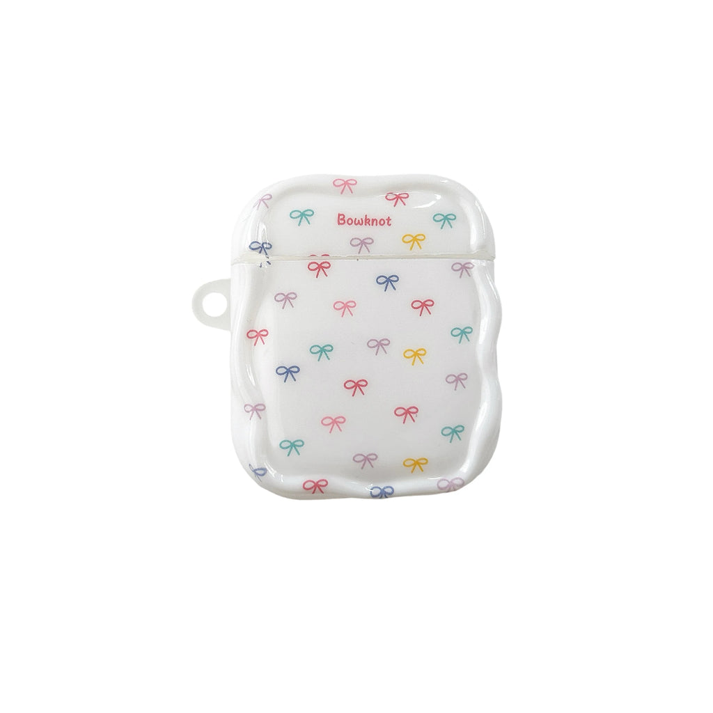 White wavy AirPods case with a multicoloured bow print pattern. Suitable for standard Apple AirPods.