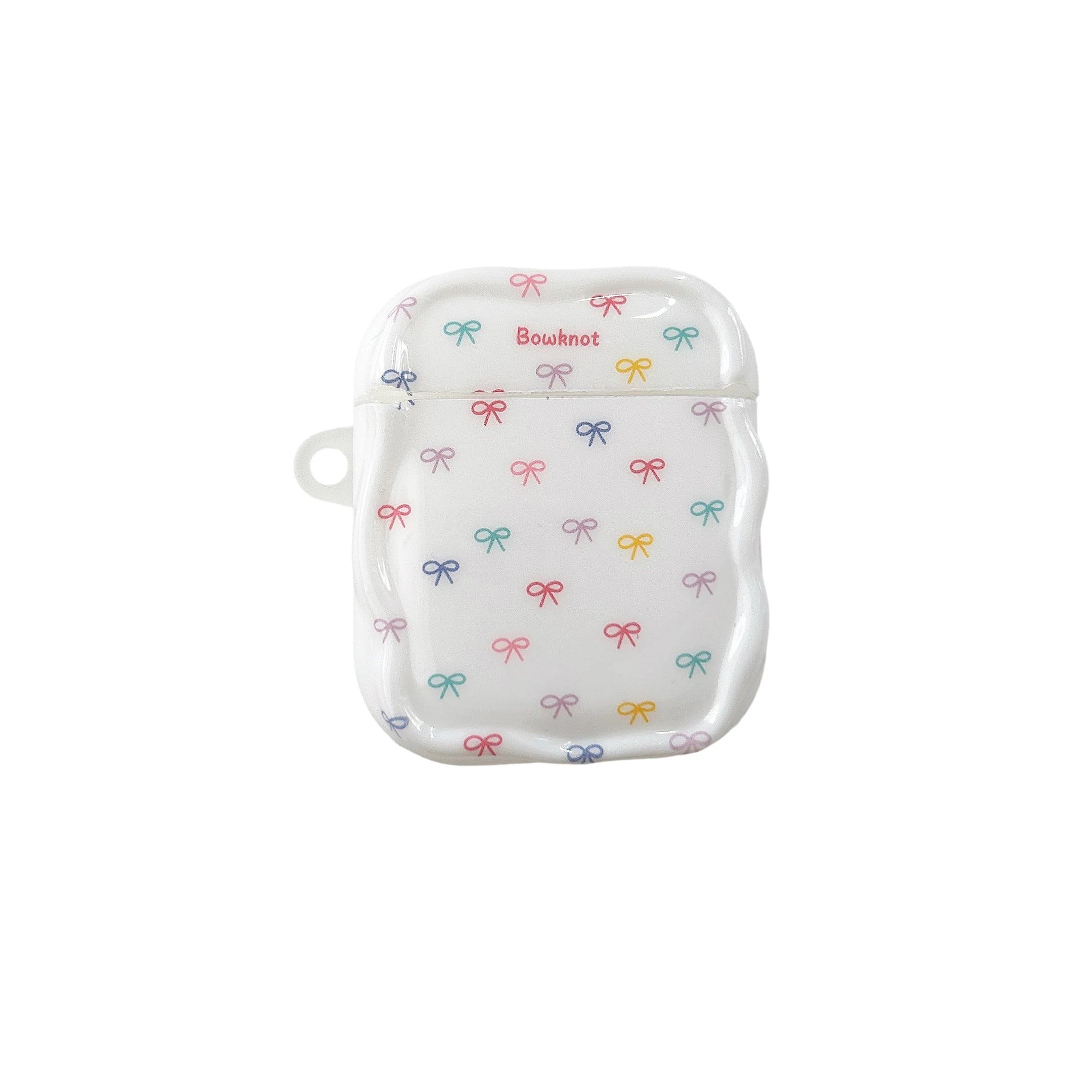 White wavy AirPods case with a multicoloured bow print pattern. Suitable for standard Apple AirPods.