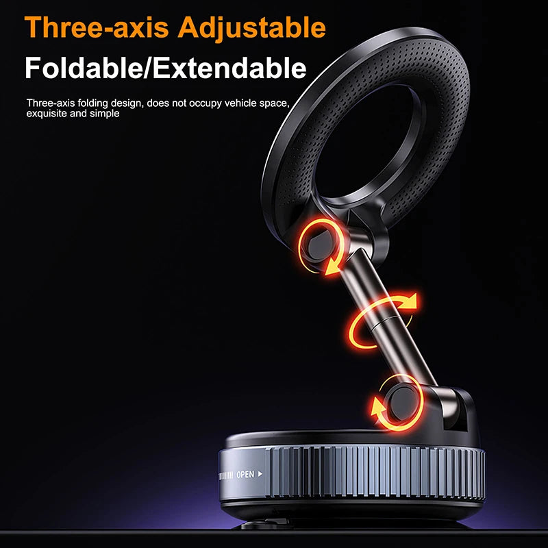 A black, three-axis adjustable and foldable car phone mount with a sleek, circular ring design against a black background.