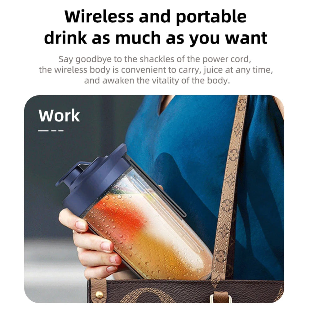 A portable navy blue wireless blender bottle being placed into a handbag.