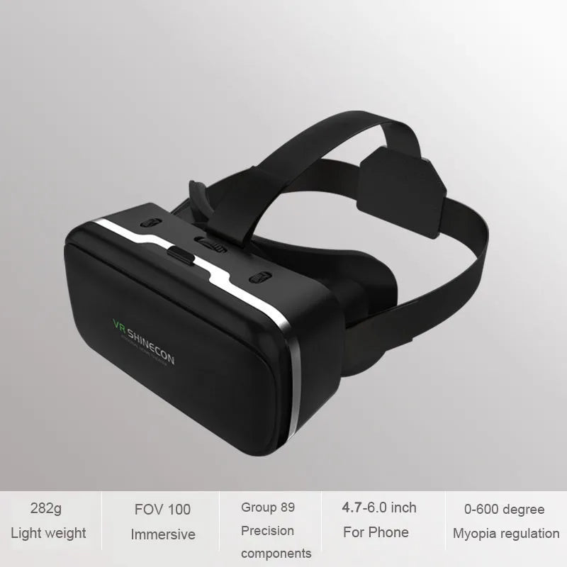 Black lightweight VR smartphone headset with adjustable straps and focus controls for an immersive 100-degree view.
