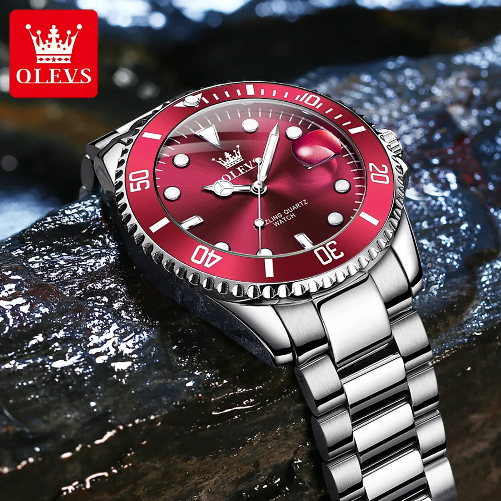 OLEVS men's sport watch with red dial, rotating bezel, date magnifier, and silver stainless steel band.