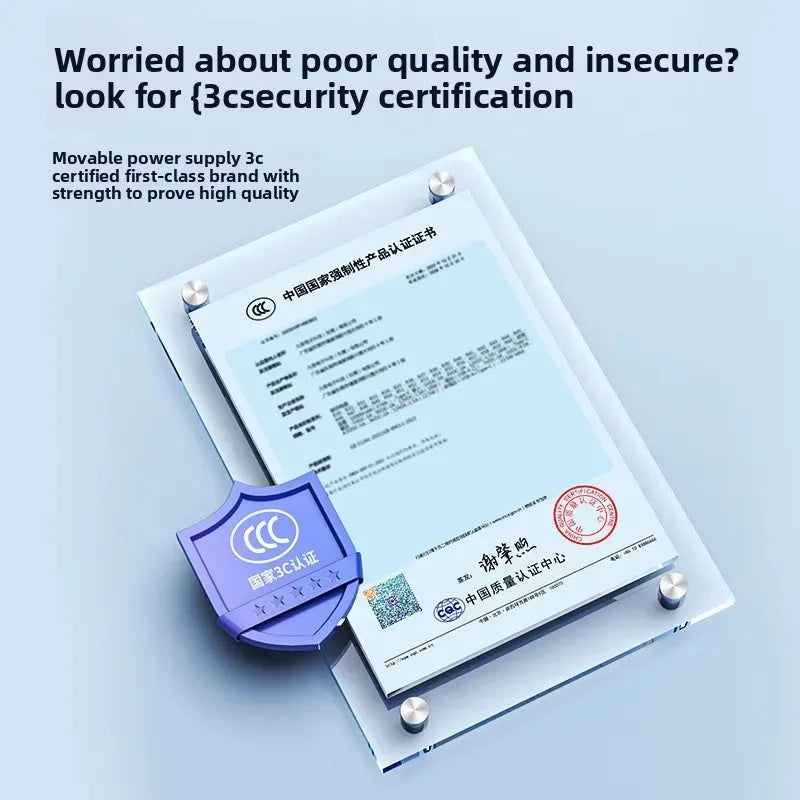 A blue, framed safety certification document representing quality assurance for the 20000mAh portable power bank.