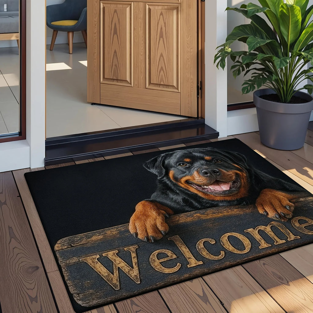 Black, soft-touch doormat featuring a happy Rottweiler peeking over a wooden-style 'Welcome' sign at a doorway.