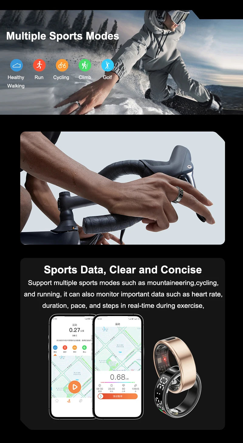 Smart health tracker ring in gold and black, showing fitness tracking, activity modes, and app data synchronisation.