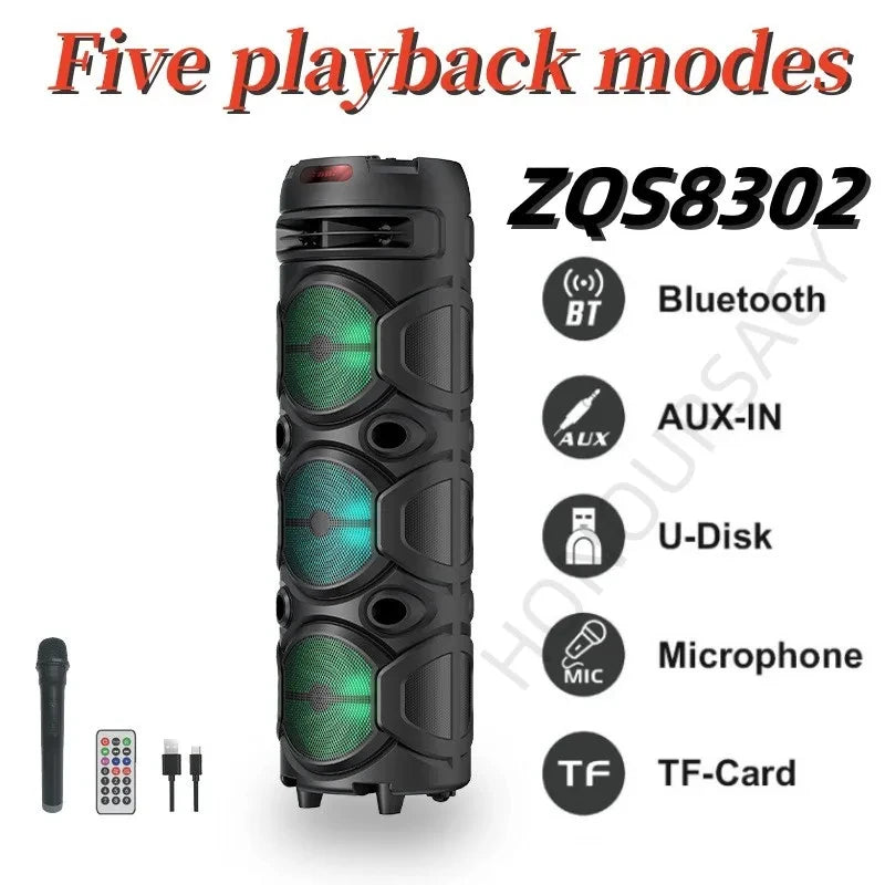 Portable black 8-inch wireless party speaker with LED lights, included microphone, remote, and five playback modes.
