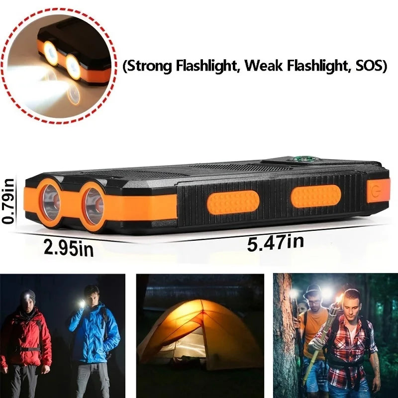 Rugged black and orange solar power bank with built-in torch, compass, and outdoor adventure lifestyle photos.