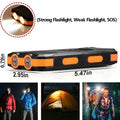 Rugged black and orange solar power bank with built-in torch, compass, and outdoor adventure lifestyle photos.