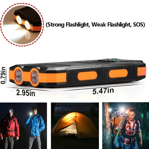Rugged black and orange solar power bank with built-in torch, compass, and outdoor adventure lifestyle photos.