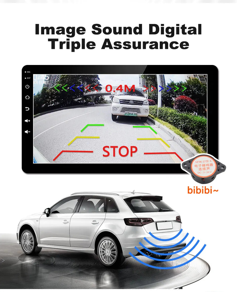 Black reversing camera display showing distance lines and a white car with an audible parking sensor alert system.