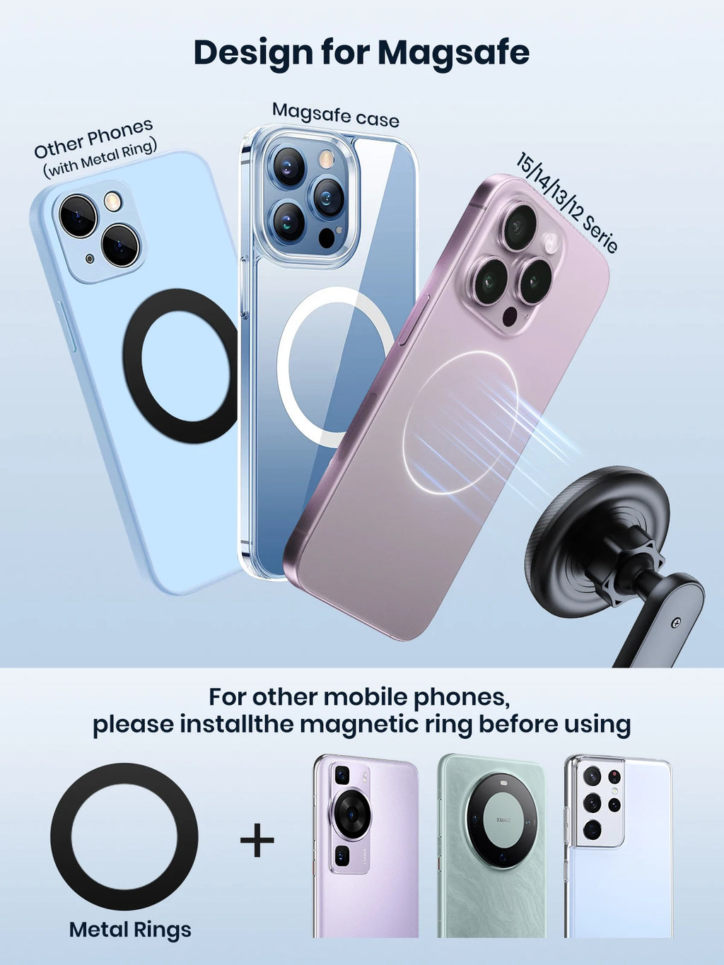 Three phones in light blue, clear, and purple cases with magnetic ring features, shown with a magnetic phone mount.