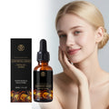 30ml moisturizing and brightening skin protect serum in an amber glass dropper bottle with black and gold packaging.