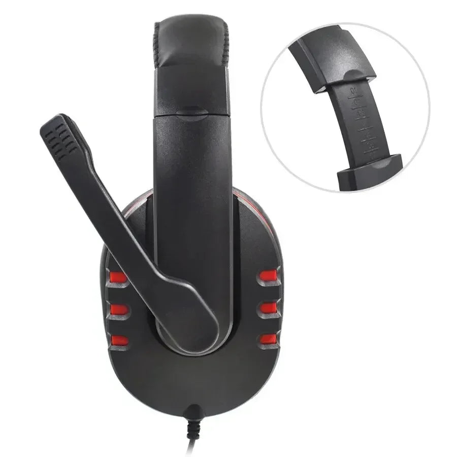 Black wired gaming headset with microphone, red accents, and an adjustable, numbered headband.