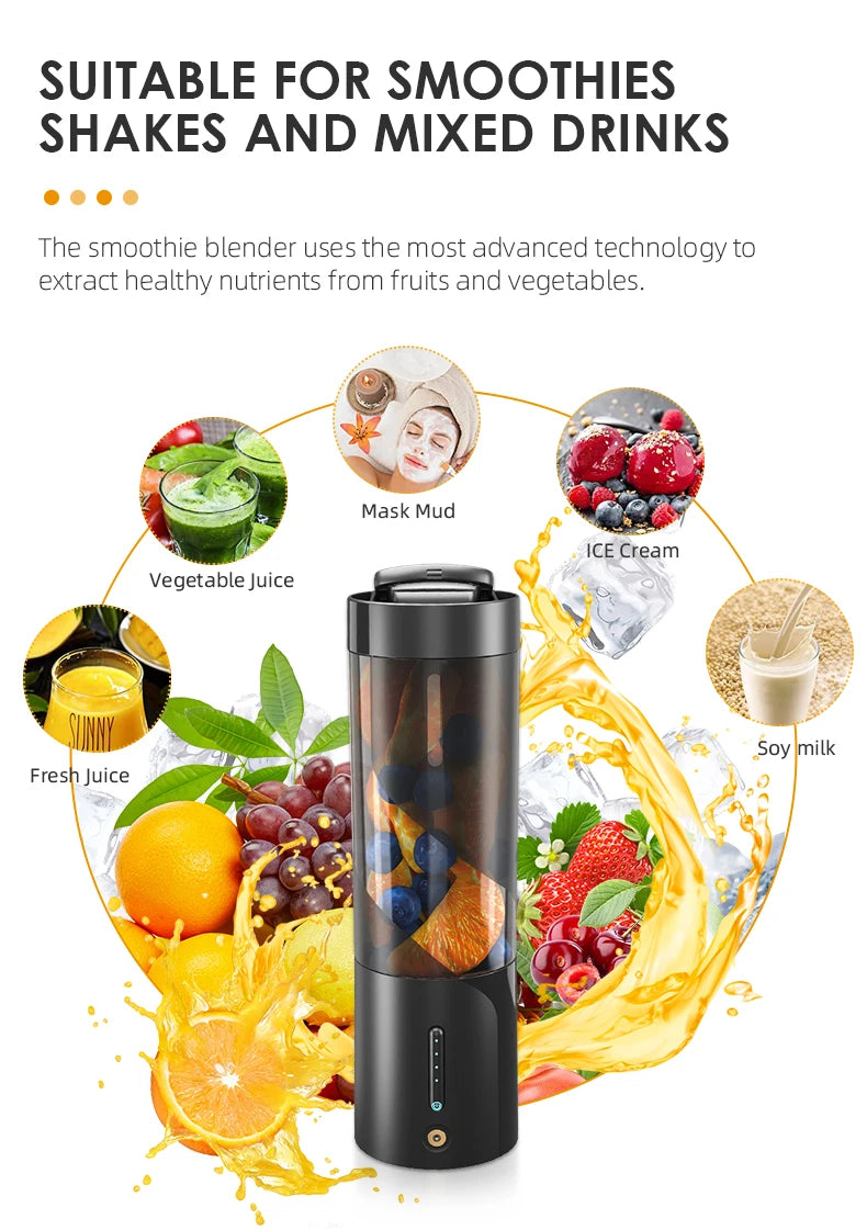 Portable black cylindrical blender surrounded by fresh fruit, ice, and liquid splashes representing various drink uses.
