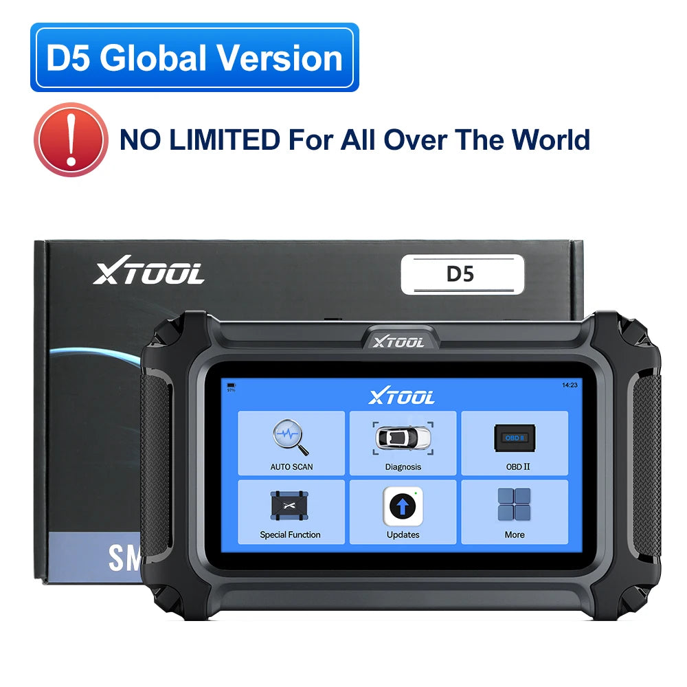 XTOOL D5 black handheld OBD2 scanner with touchscreen displaying diagnostic menu, in front of its box.