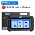 XTOOL D5 black handheld OBD2 scanner with touchscreen displaying diagnostic menu, in front of its box.