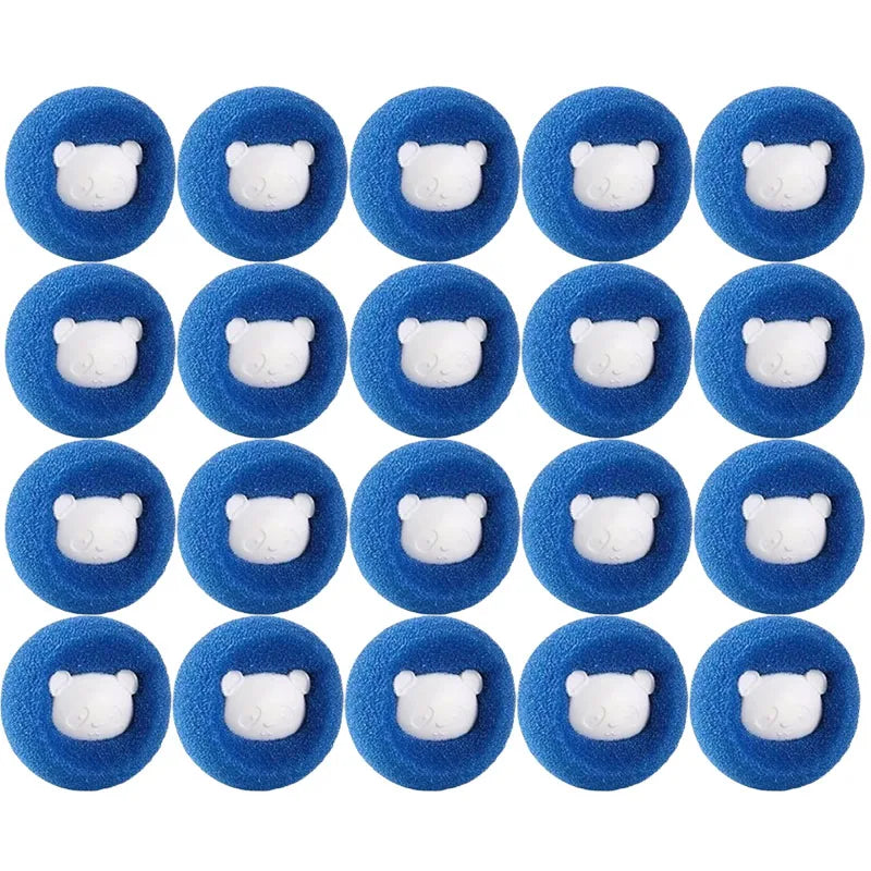 Twenty circular blue washing machine laundry balls with cute white panda face details, arranged in a grid.