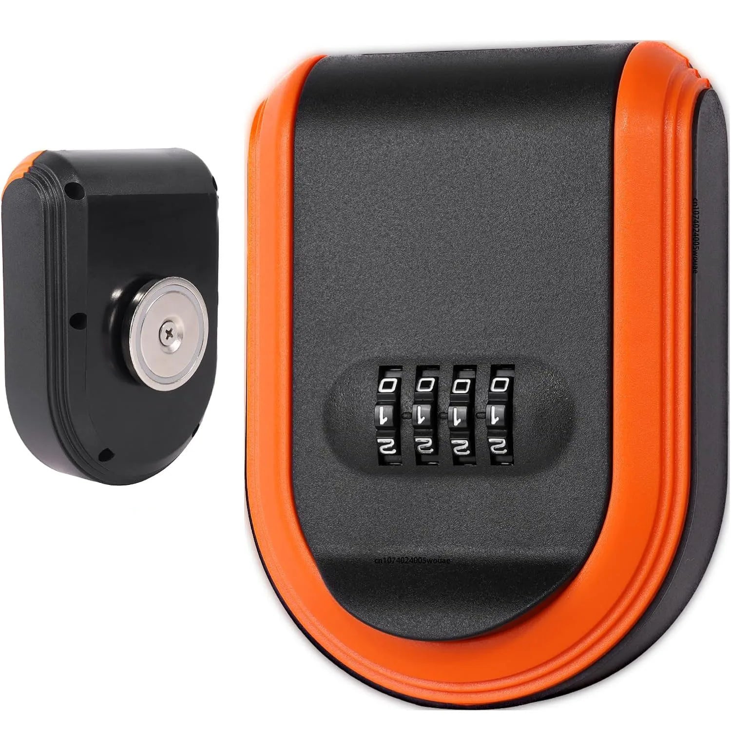 Black and orange plastic magnetic key lock box with a four-digit combination dial.