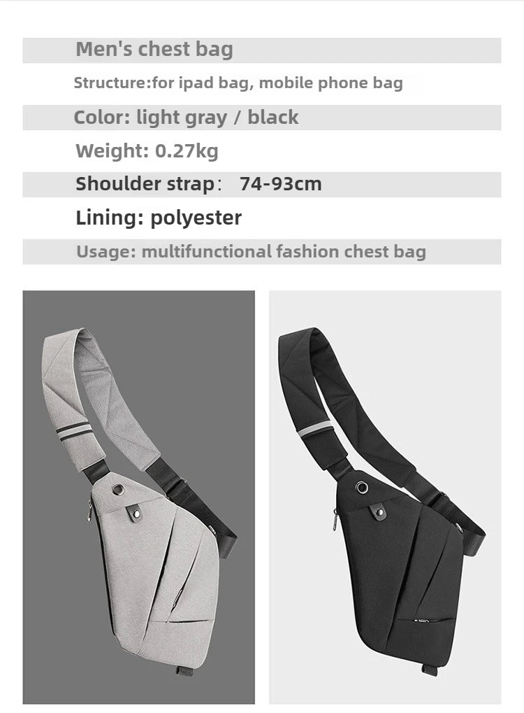 Slim, waterproof men’s crossbody chest bags in light grey and black, featuring an adjustable strap and zip pockets.