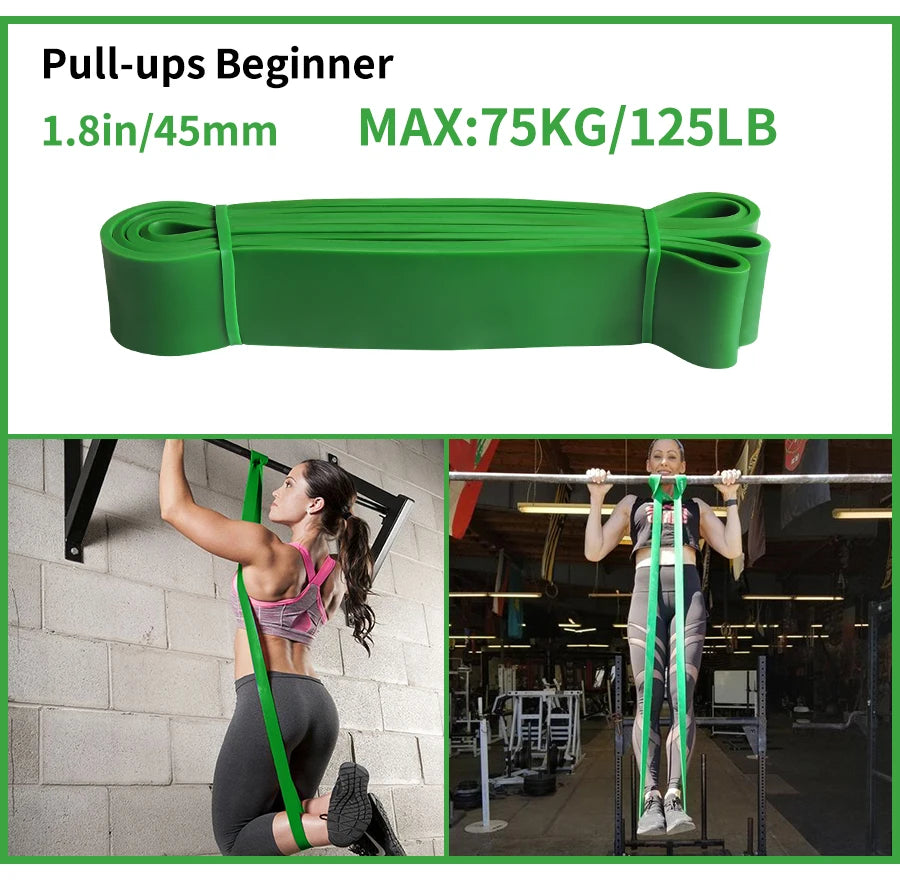 Green resistance band for pull-up assistance, 45mm wide, shown coiled and in use by women at a gym.