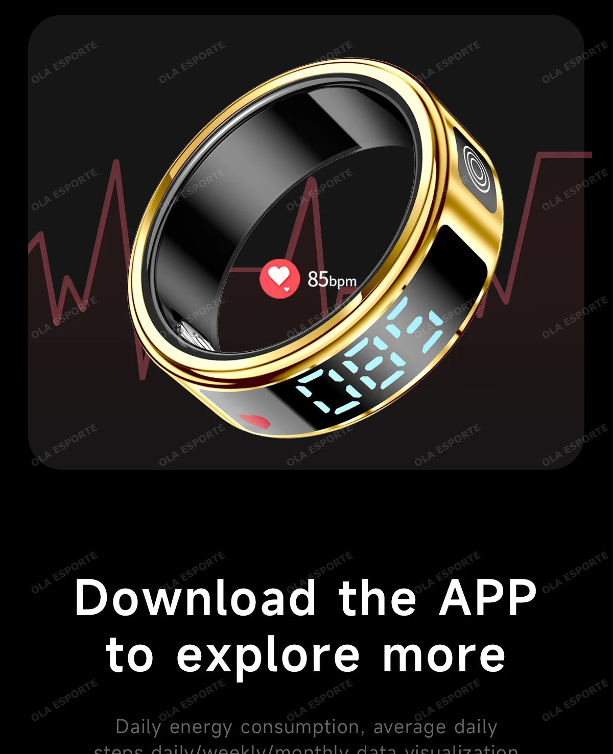 Sleek gold smart health ring showing digital heart rate and activity metrics on a clear display screen.