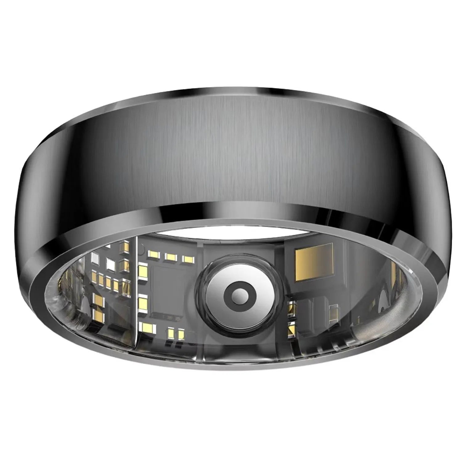 A sleek, brushed dark grey smart fitness ring, showing internal health sensors and tracking technology.
