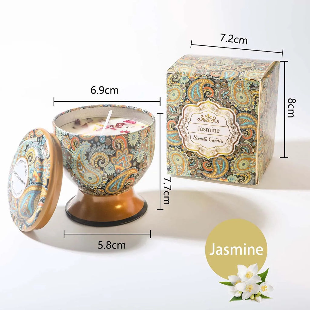 Jasmine-scented candle in a decorative paisley tin with matching gift box, showing product dimensions.