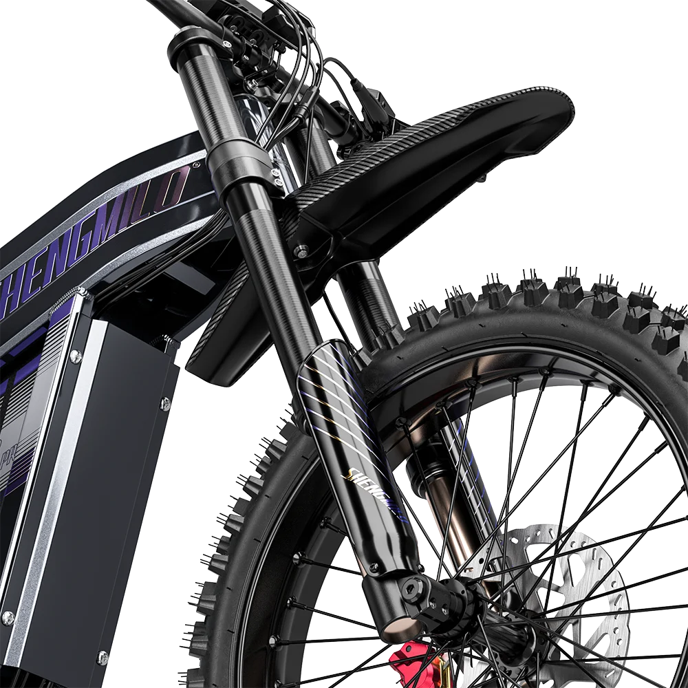 Shengmilo S900 Pro black electric bike front view, showing off-road tire, suspension forks, and battery.