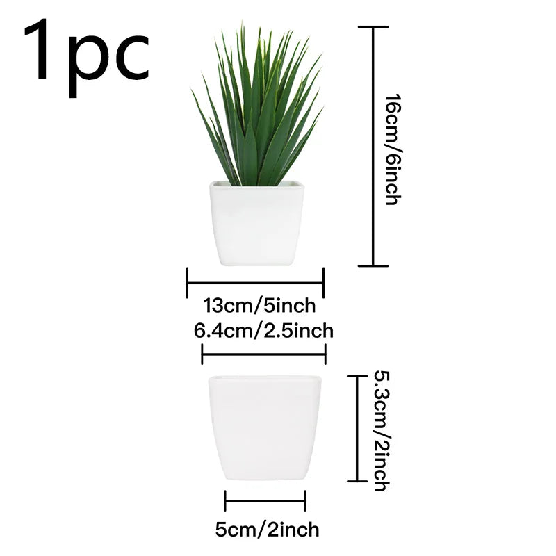 Artificial green spiky plant in a square white pot, shown with height and width measurement labels on a white background.