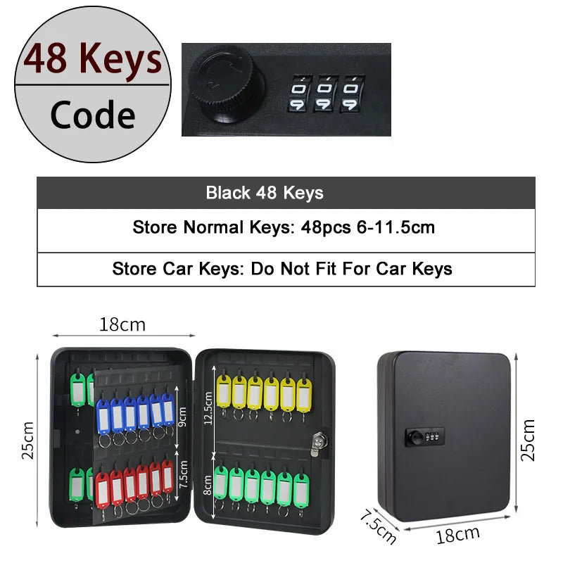 Black metal key cabinet with combination lock, holding 48 keys, featuring interior hooks and color-coded key tags.