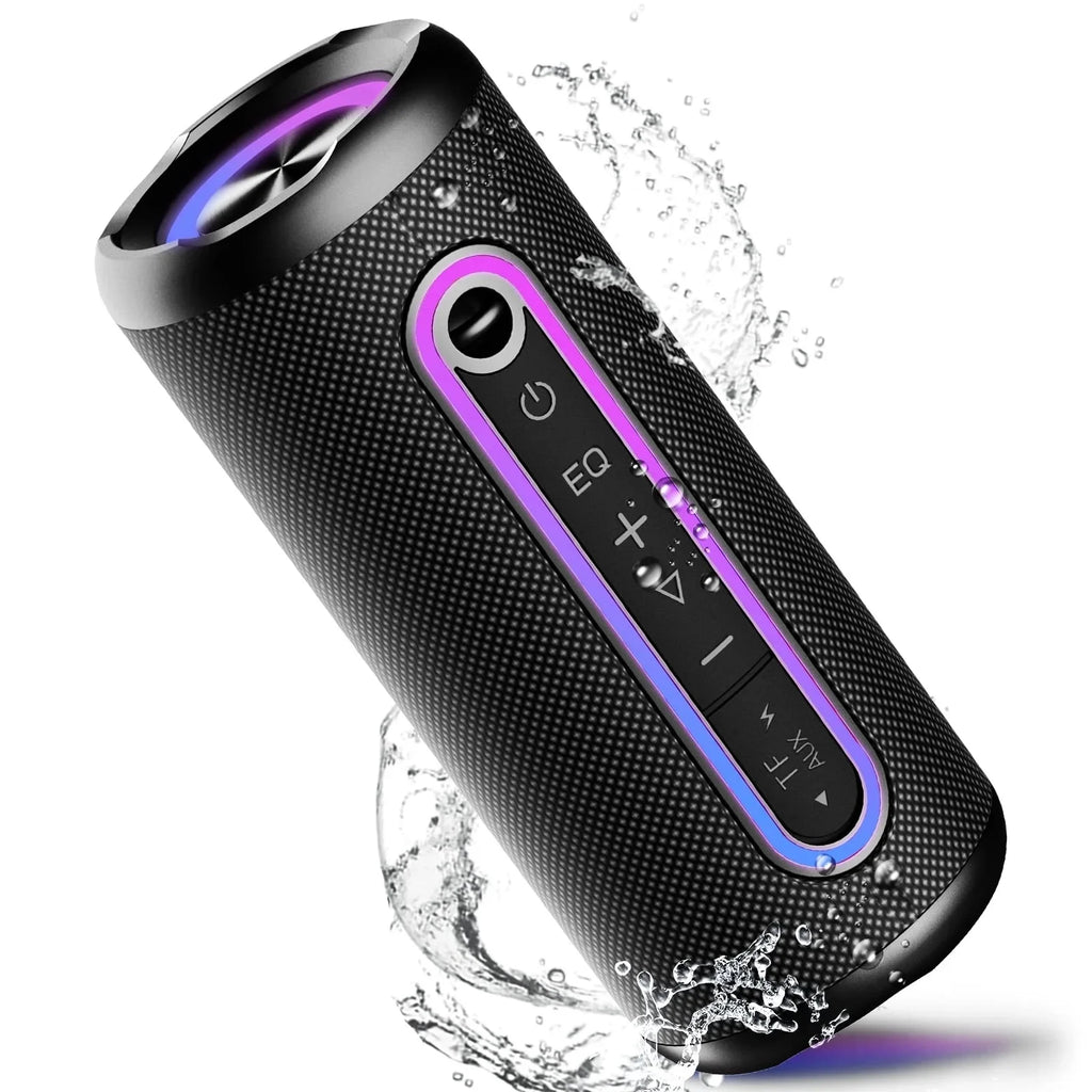 Black portable waterproof Bluetooth speaker with purple LED lights, control buttons, and water splashes.