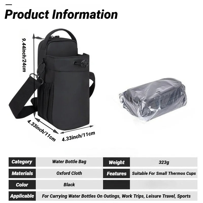 Black Oxford cloth water bottle bag with shoulder strap, drawstring closure, and side pocket, plus folded view.