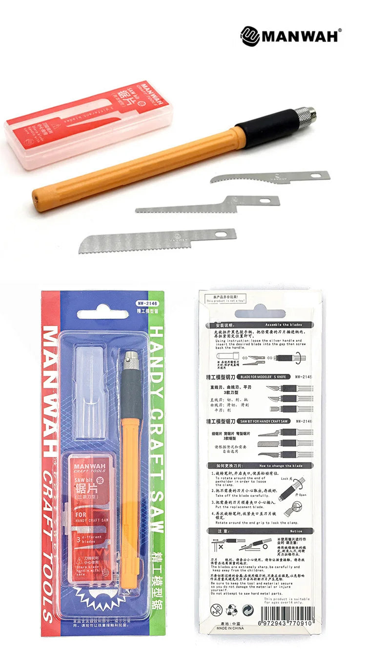Craft hobby saw set with yellow handle and three interchangeable stainless steel blades, shown with storage case.