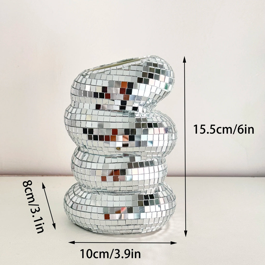 A silver, stacked-ring style disco ball flower vase, featuring reflective mirror tiles. Dimensions shown as 15.5cm tall.