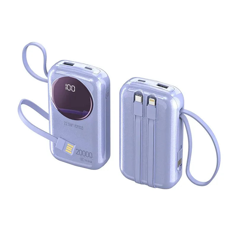 Lilac 20000mAh power bank with LED display, 22.5W fast charging, built-in cables, and a convenient carry strap.
