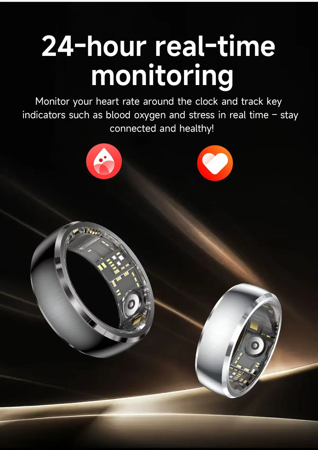 Two sleek, metallic fitness tracking rings showing internal sensors for health and heart rate monitoring.