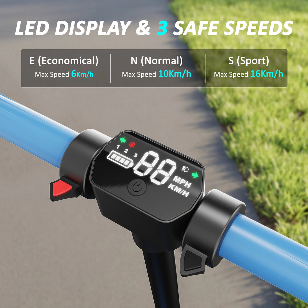 Blue kids electric scooter handlebars with a black LED display showing speed and battery level.