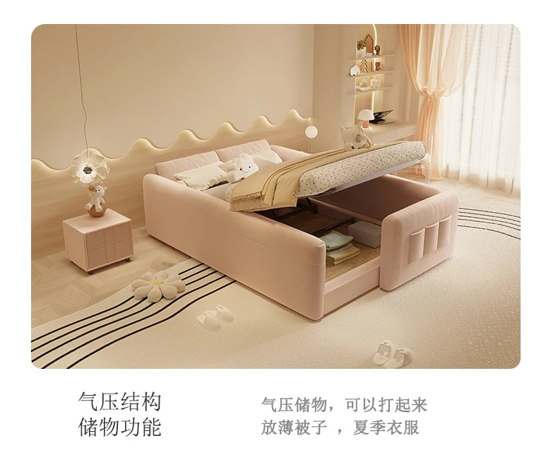 Pink upholstered parent-child bed with lifting storage base, guardrails, and a wavy headboard design in a modern room.