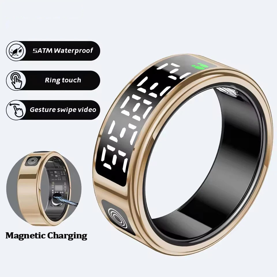 Gold smart health ring with a digital display, featuring waterproof, touch control, gesture swipe, and magnetic charging.