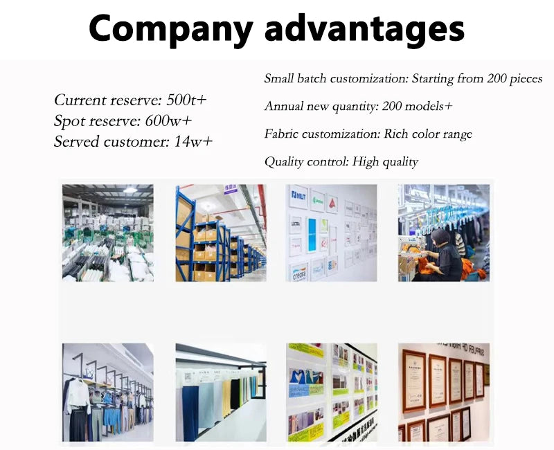 Company infographic showing warehouse storage, manufacturing facilities, fabric color swatches, and professional awards.