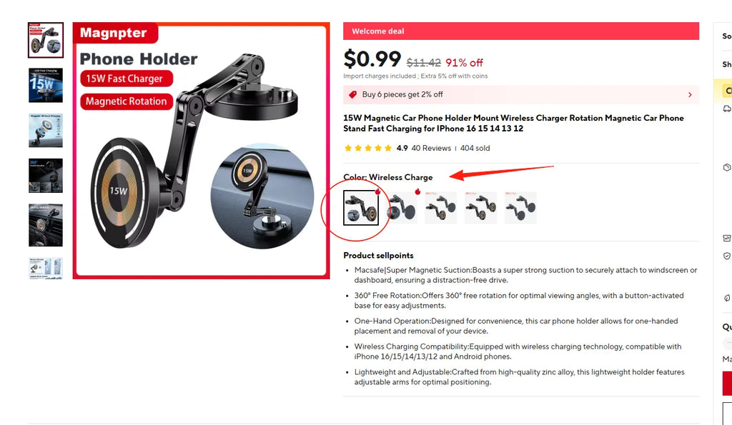 Black magnetic car phone holder mount with an adjustable arm and 15W wireless charging pad.