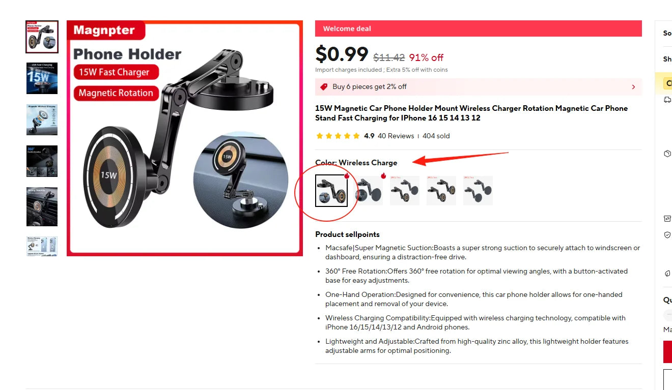 Black magnetic car phone holder mount with an adjustable arm and 15W wireless charging pad.