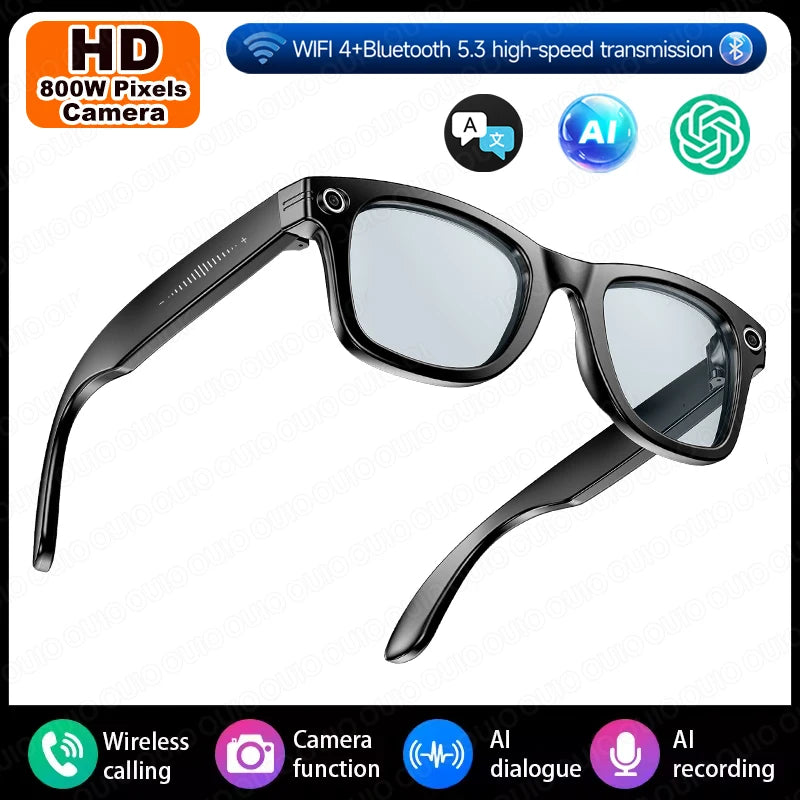 Stylish black smart glasses with integrated HD cameras, featuring Bluetooth connectivity and touch-control temples.
