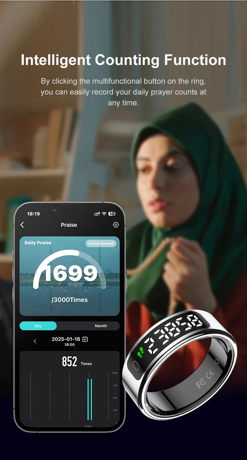 Silver smart fitness ring with a digital touch display, shown alongside a smartphone app tracking daily counts.