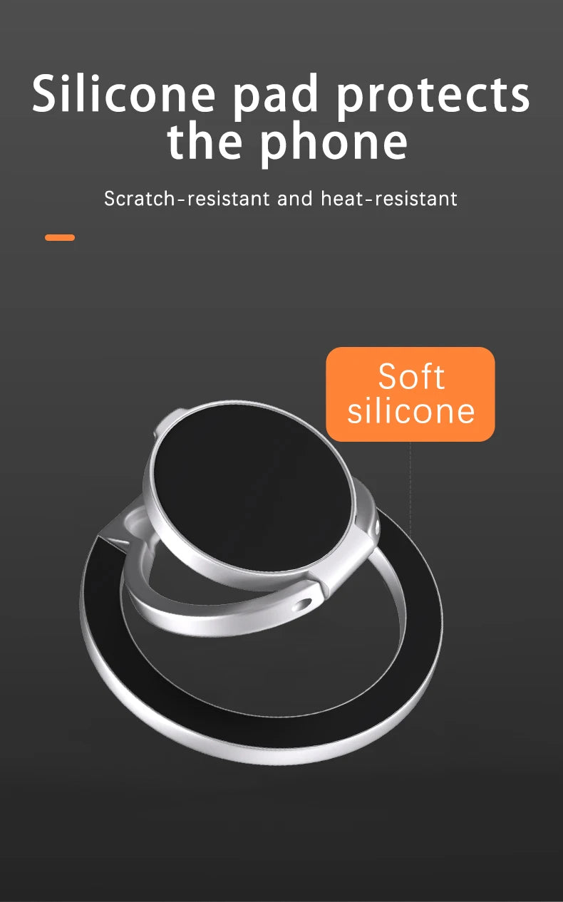 Silver and black circular phone ring holder with a soft silicone protective pad for scratch and heat resistance.