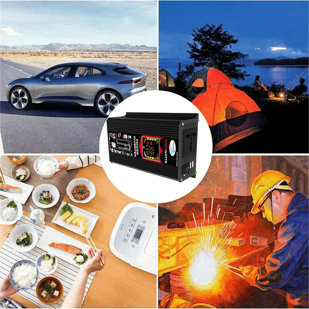 Black 6000W car power inverter with digital display, AC outlets, and dual USB ports, shown in various travel settings.