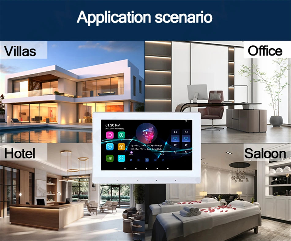 White 7-inch wall-mounted Android touch display showing a music interface, set against various lifestyle backgrounds.