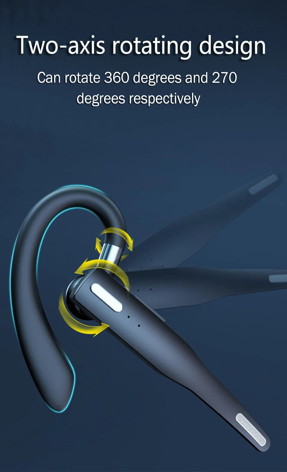 Sleek black wireless Bluetooth headset with a two-axis rotating ear hook design for adjustable comfort.